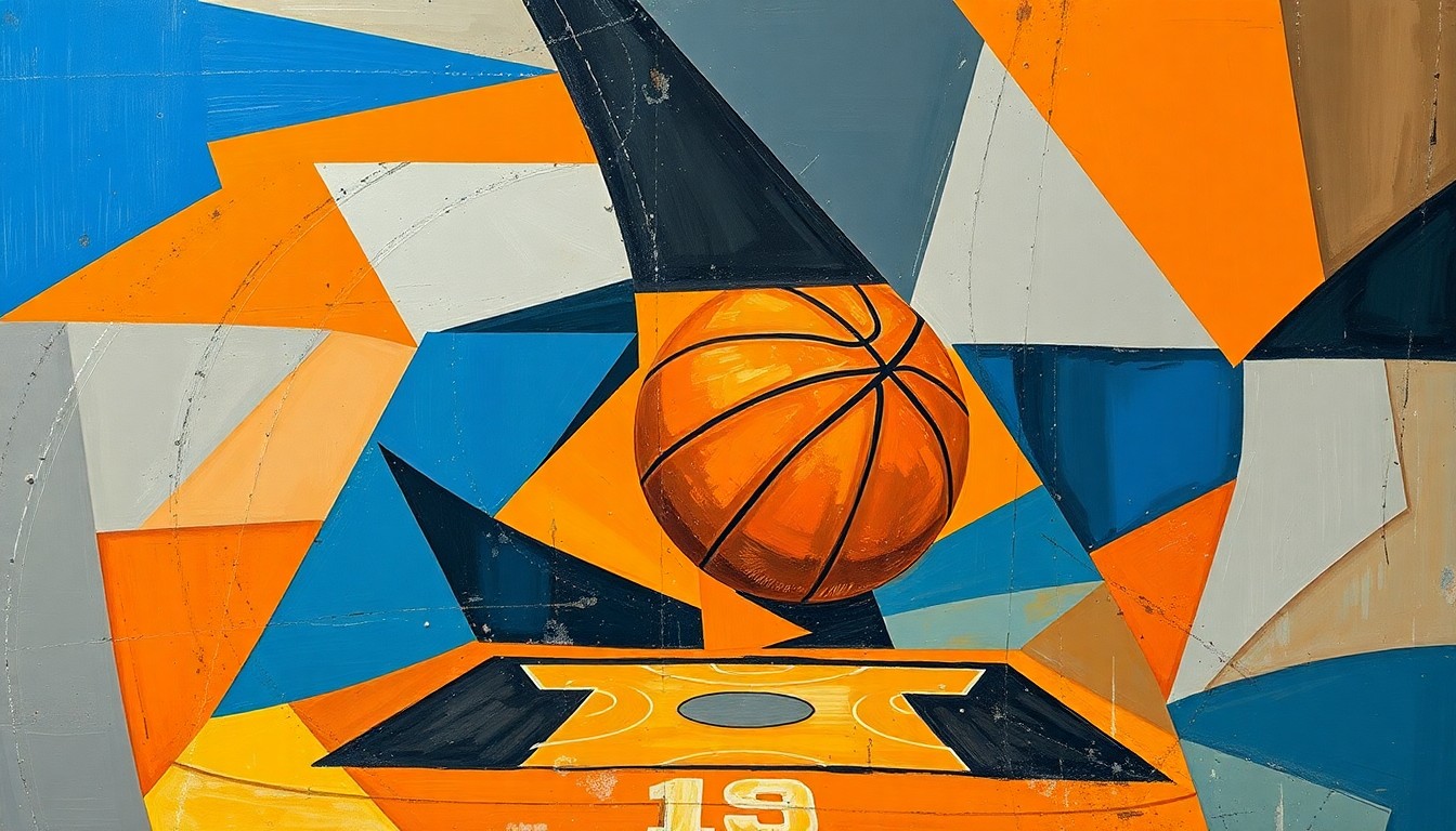 A fragmented, geometric painting depicting a basketball game or match, with the players and court broken down into sharp, overlapping planes of color, conceptually representing the divisive discussion around LeBron James' remarks about Memphis.