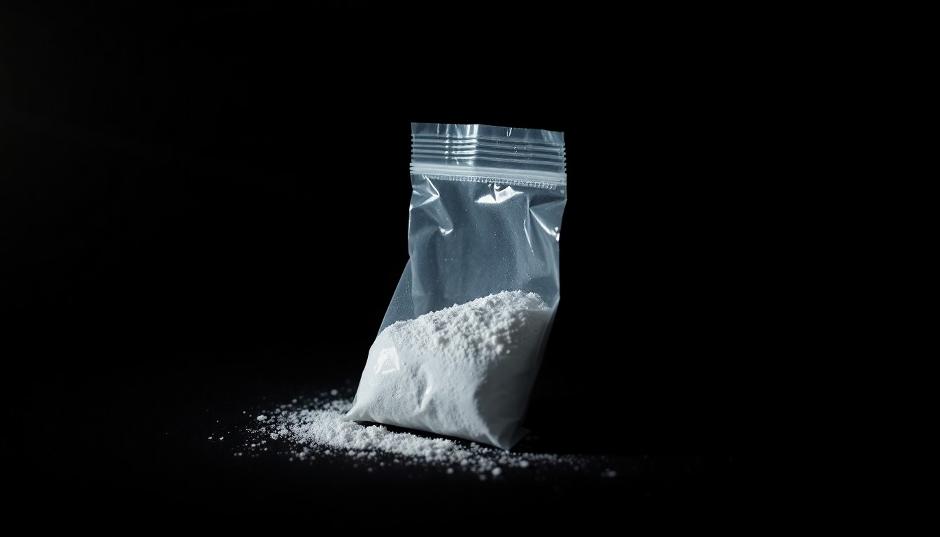 An extreme close-up of a small plastic bag containing white powder, lit by a harsh, direct camera flash against a pitch-black background, conceptually illustrating the evidence from a drug trafficking crime.