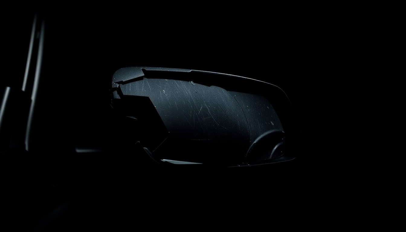 An extreme close-up photograph of a twisted, damaged car side mirror reflecting a harsh, direct camera flash, conceptually illustrating the aftermath of an illegal street racing incident.