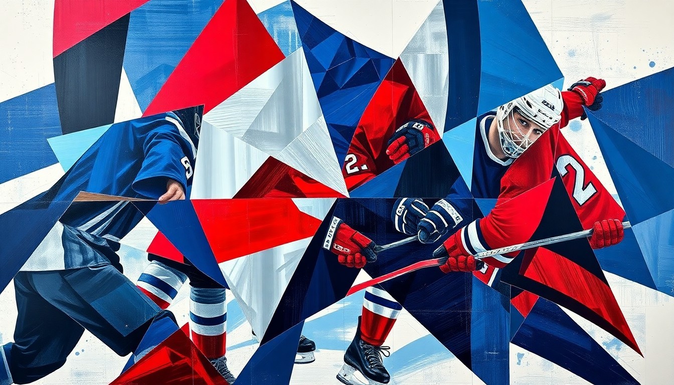 A cubist, geometric painting depicting the abstracted forms of hockey players in motion, with sharp angles and overlapping planes in a palette of navy, red, and silver.