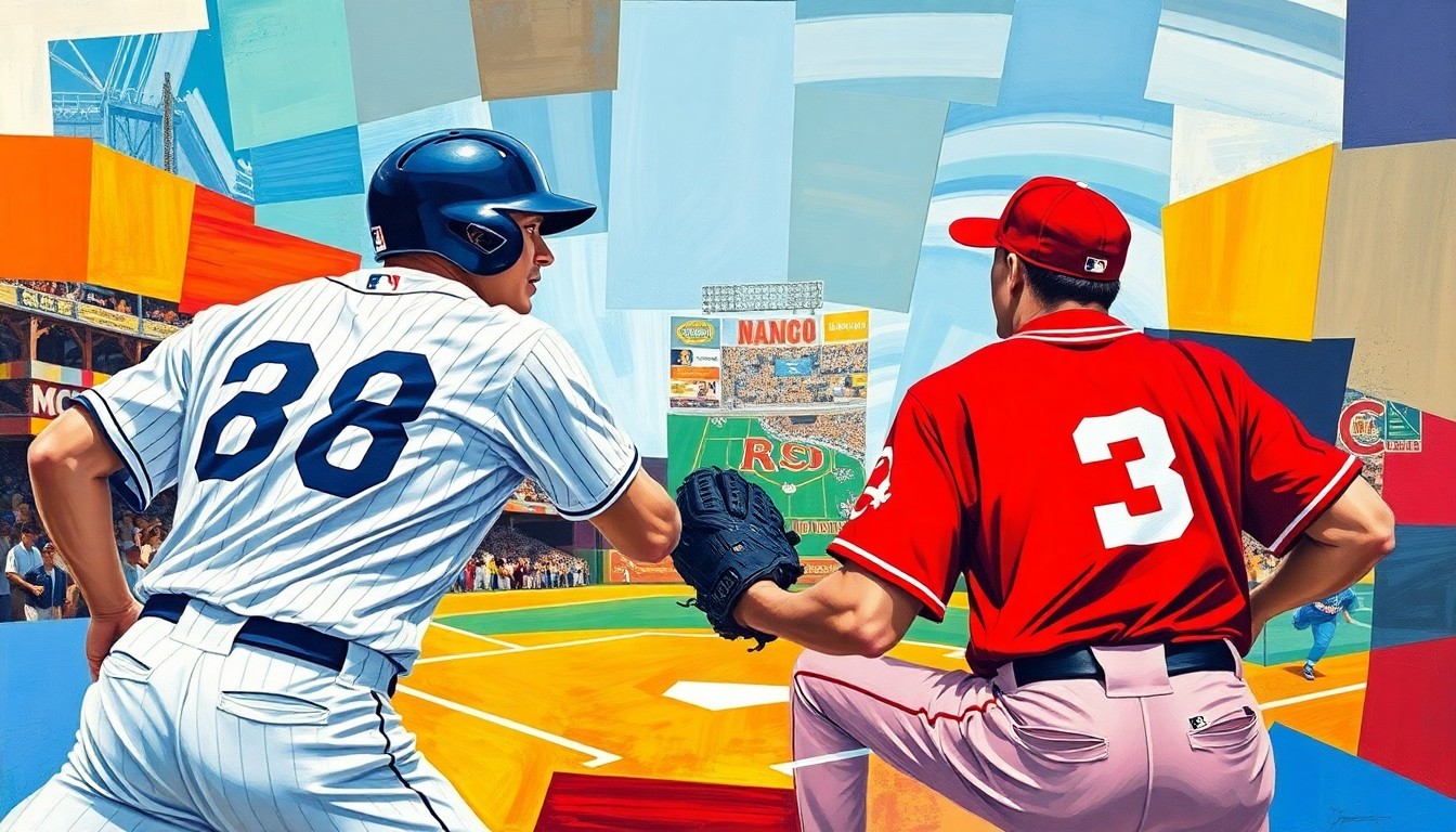 A cubist, geometric painting depicting a baseball player in motion, with the player's form fractured and overlapping into sharp, angular planes of color representing the White Sox and Red Sox uniforms.