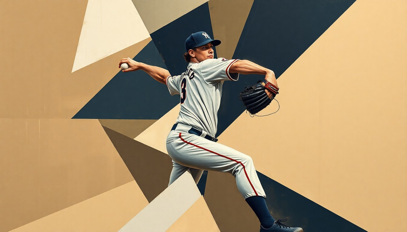 A fragmented, cubist-style painting depicting a baseball pitcher's motion broken down into overlapping geometric shapes and planes in muted earth tones, conceptually representing the complex roster decisions teams face with Rule 5 Draft selections.