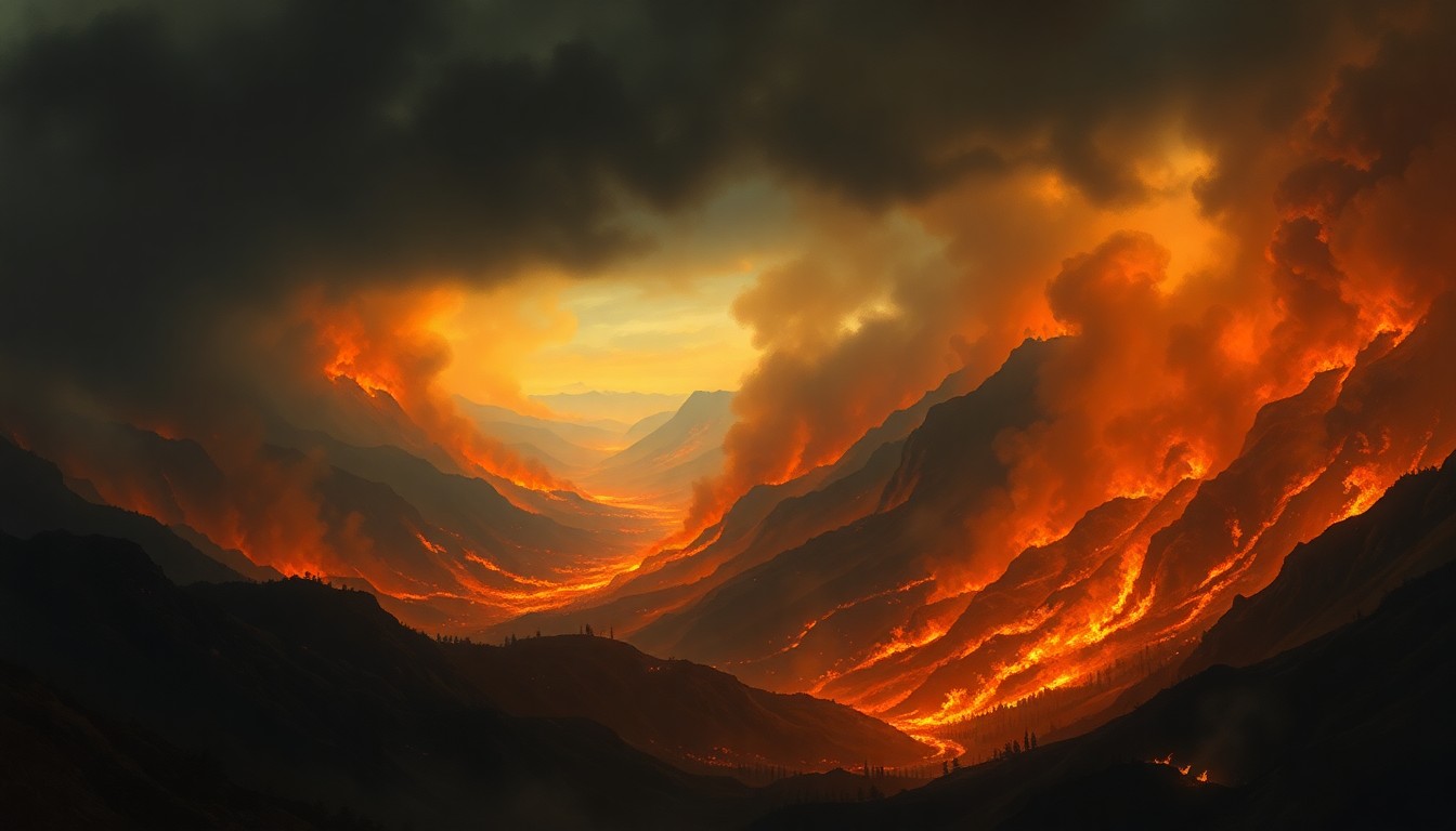 A sweeping, atmospheric landscape painting depicting a raging wildfire, with billowing clouds of smoke and towering flames dwarfing any physical structures in the scene, conveying the raw power and scale of the natural disaster.