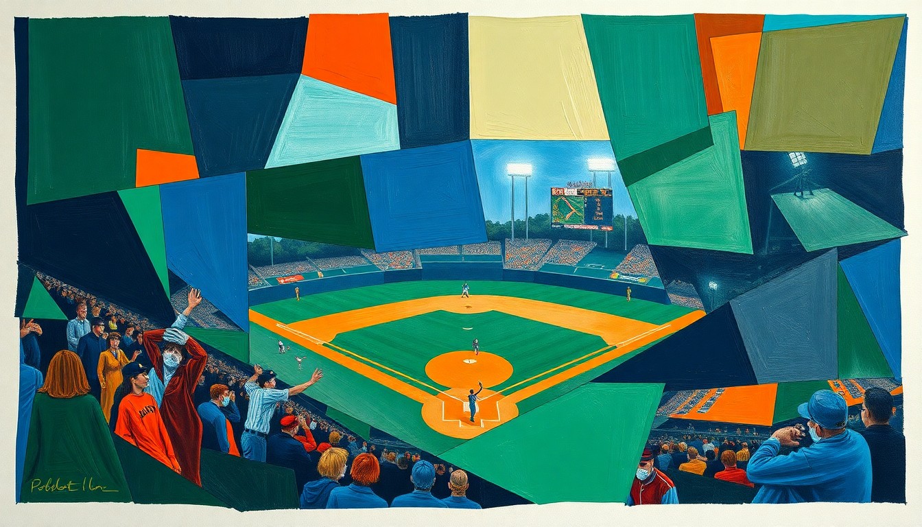 A cubist, geometric painting depicting a fragmented baseball game, with sharp planes of navy, green, and orange overlapping to create a dynamic, abstract composition.