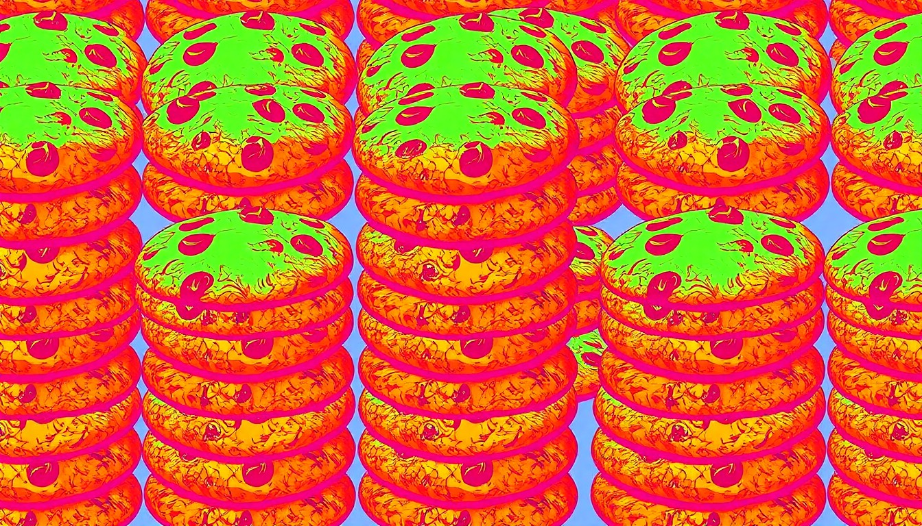 A bold, colorful silkscreen print featuring a repeating pattern of chocolate chip cookies, conceptually representing the 'Jay's Cookies' campaign to promote compassion and kindness in memory of a bullied student.