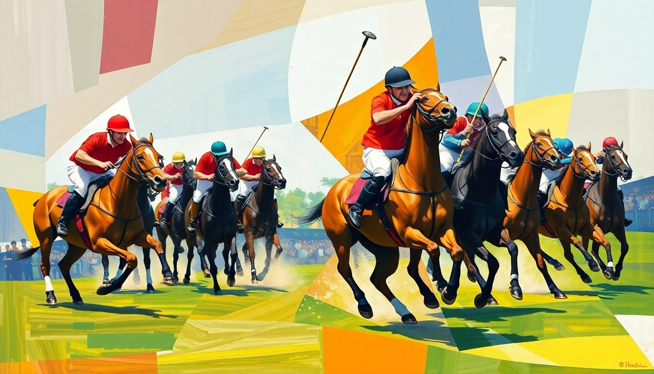 A fragmented, geometric painting depicting the dynamic movements and energy of a polo match, with the players and horses broken down into overlapping planes of bright, vibrant colors.