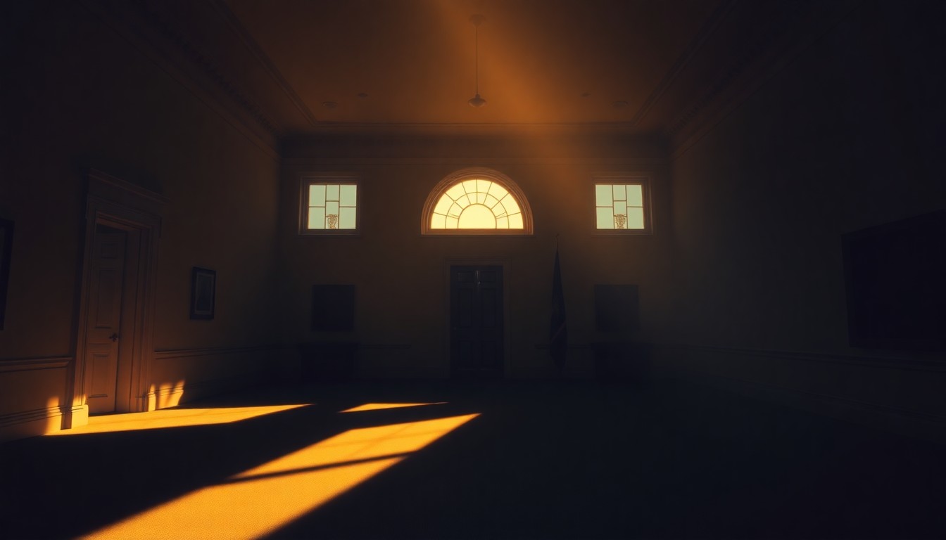 A serene, photorealistic painting of the empty, sunlit East Wing of the White House, with deep shadows and a sense of quiet contemplation, conceptually representing the hidden security complexities underlying the political dispute.