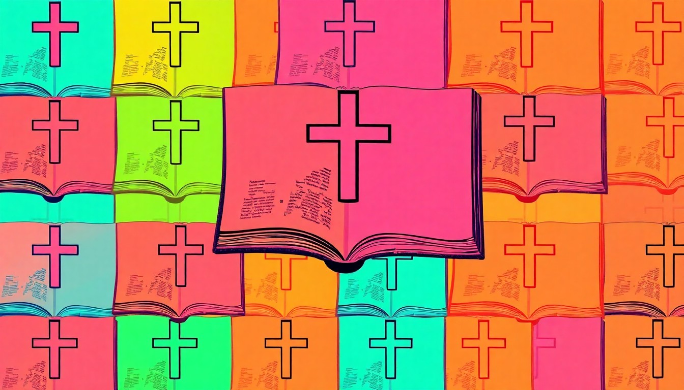 A highly stylized, pop art-inspired grid of brightly colored, silkscreened book covers, conceptually representing the enduring influence of the Book of Mormon scripture.