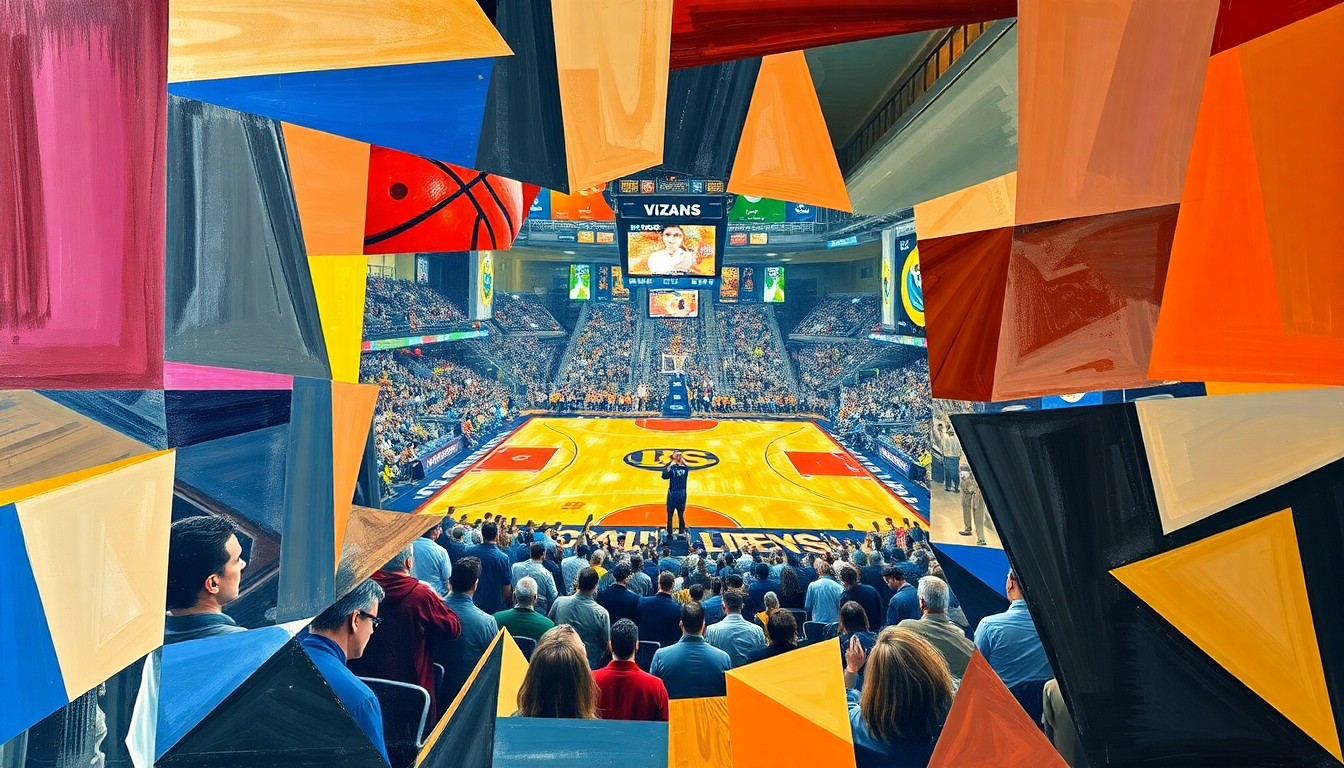 A cubist, geometric painting depicting a fragmented, multi-angled view of a college basketball game, conceptually representing the tensions and complexities surrounding campus security during high-stakes sporting events.