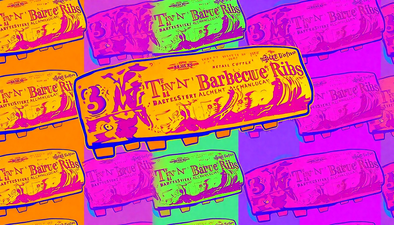 A bold, graphic illustration featuring a repeated pattern of a single barbecue rib in neon pink, orange, and blue hues, conceptually representing the bold flavors and textures of the 'muddy' rib technique.