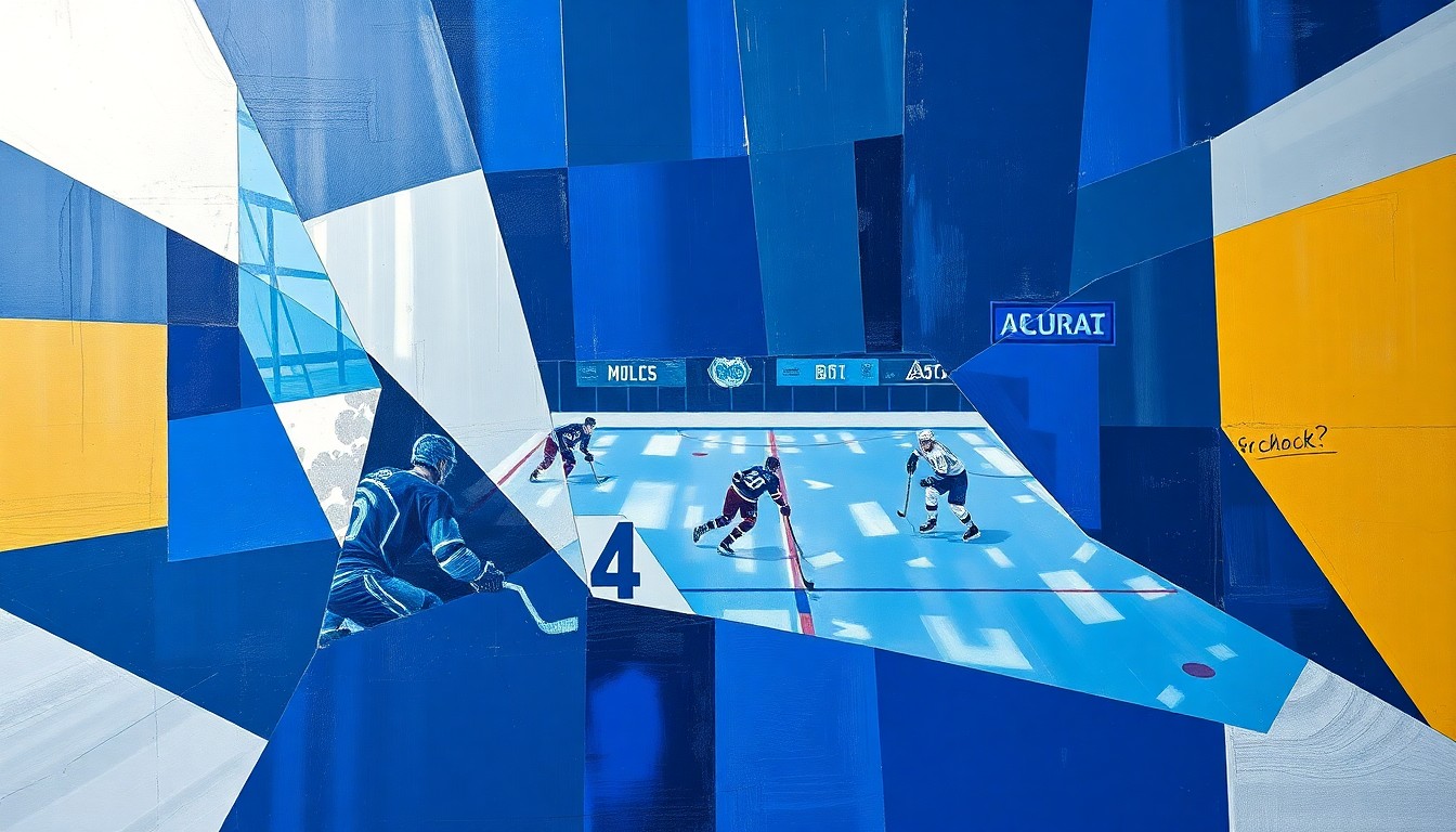 A cubist, geometric painting depicting a hockey game or match, with the players and action broken down into sharp, overlapping planes of navy blue, royal blue, and silver, creating a dynamic and fragmented visual representation of the sport.