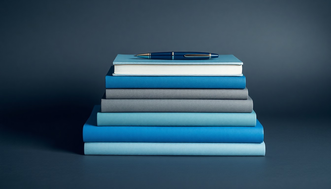 A photorealistic studio still life featuring a stack of hardcover books in shades of blue, gray, and white, with a single pen resting on top, conveying the abstract concepts of writing, publishing, and personal branding through clean, dramatic lighting and composition.