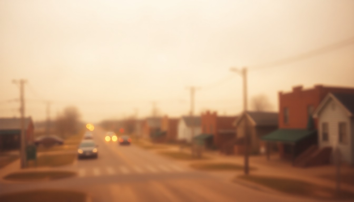 An impressionistic, out-of-focus scene of a Midwestern town on a gloomy day, with muted colors and soft, blurred shapes conveying a sense of melancholy and loss.