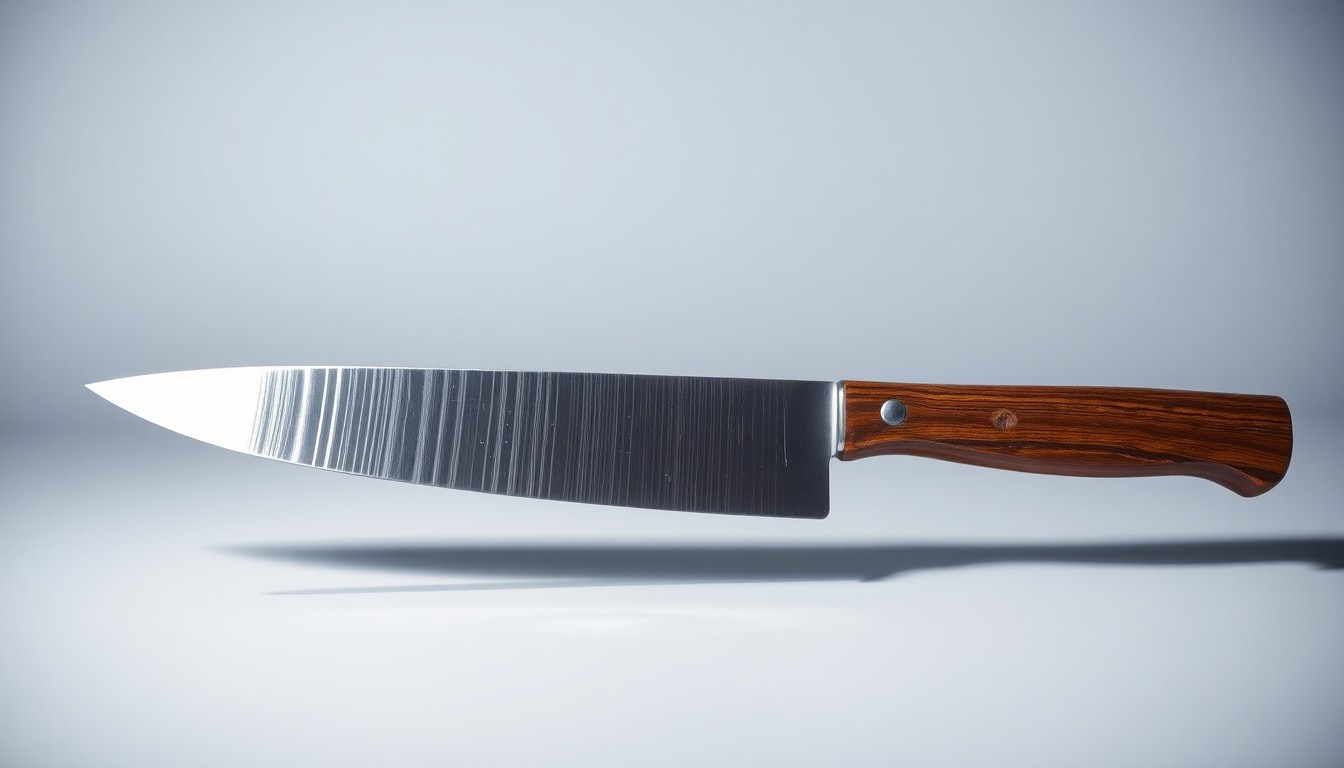 A close-up photograph of a sharp, polished kitchen knife resting on a clean, monochromatic background, representing the importance of maintaining high-quality cooking tools.