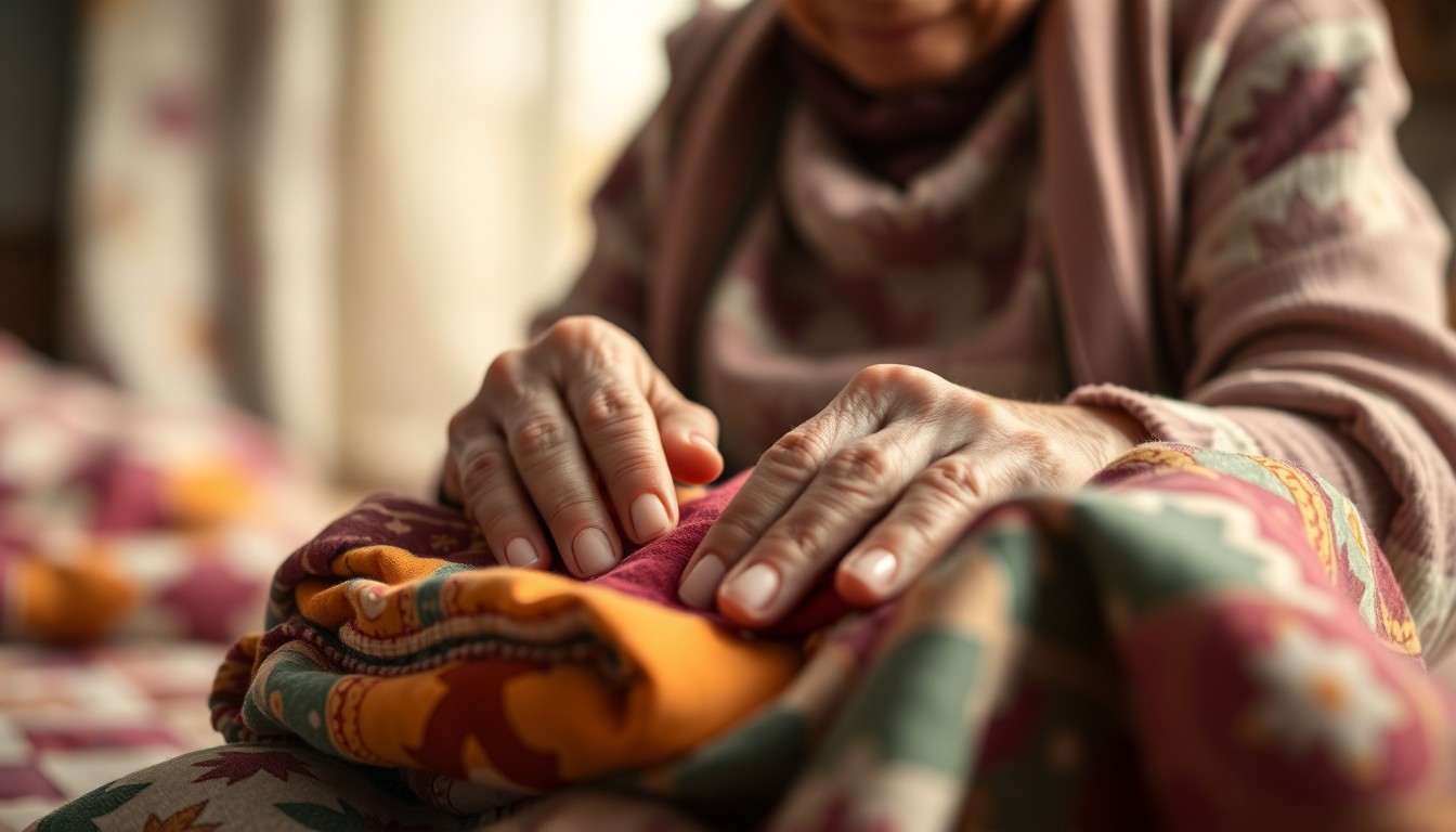 An extremely abstracted, out-of-focus photograph in soft pools of warm color and light, depicting an elderly woman's hands gently arranging colorful quilting fabrics against a blurred, dreamlike background evoking a cozy, homey atmosphere.