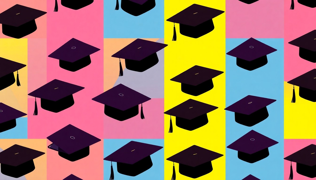 A brightly colored, high-contrast silkscreen print of a mortar board graduation cap repeated in a tight grid pattern, utilizing vibrant neon color palettes and heavy black outlines to transform an everyday academic symbol into a modern pop art piece.