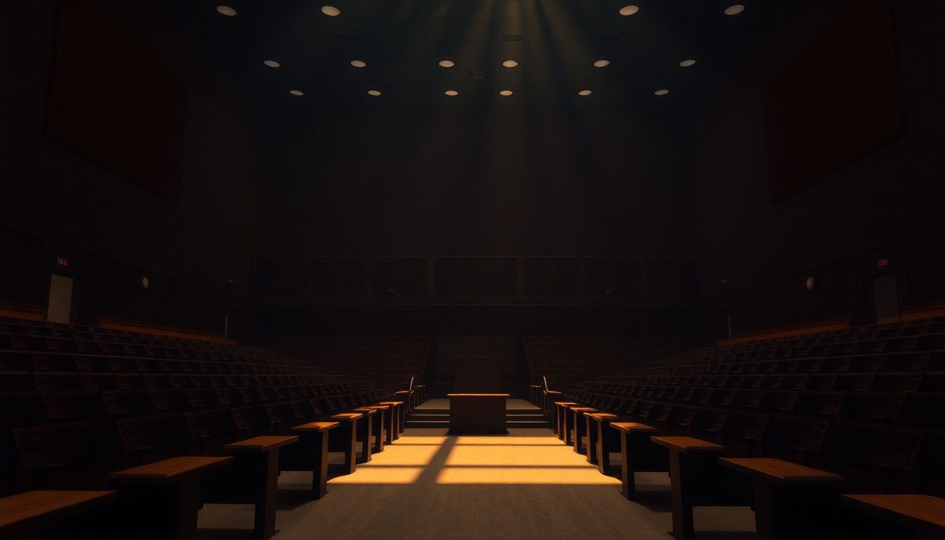 A quiet, cinematic painting of an empty university lecture hall with rows of desks and chairs, the space bathed in warm, diagonal sunlight and deep shadows, creating a contemplative, nostalgic mood.