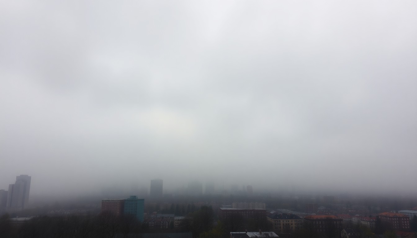 A serene, atmospheric landscape painting depicting a fog-shrouded Baltimore neighborhood, with the cityscape dwarfed by the overwhelming scale of the natural environment.