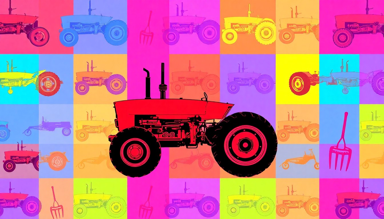 A brightly colored, high-contrast silkscreen print of a single, iconic farm object such as a tractor or pitchfork, repeated in a tight grid pattern in the style of Andy Warhol, conceptually representing the farm-themed educational activities of the Kids' College program.