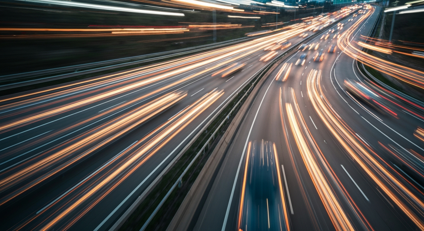 An abstract, colorful photograph depicting the motion of cars on a highway, conveying the energy and flow of traffic during a construction project.