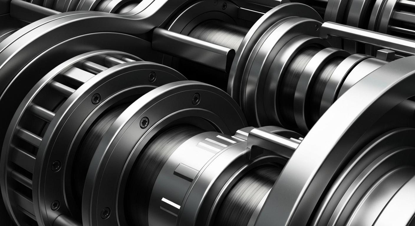 An extreme close-up of heavy, metallic banking machinery in shades of silver, steel, and black, conceptually representing the institutional infrastructure of the financial industry.