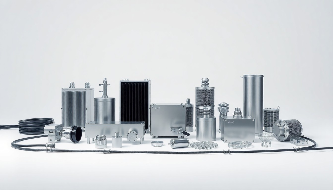 A high-end, photorealistic studio still-life featuring a collection of sleek, polished electrical components and grid infrastructure elements arranged elegantly on a clean, monochromatic background, conceptually representing the modernization and strengthening of Georgia's electric grid.