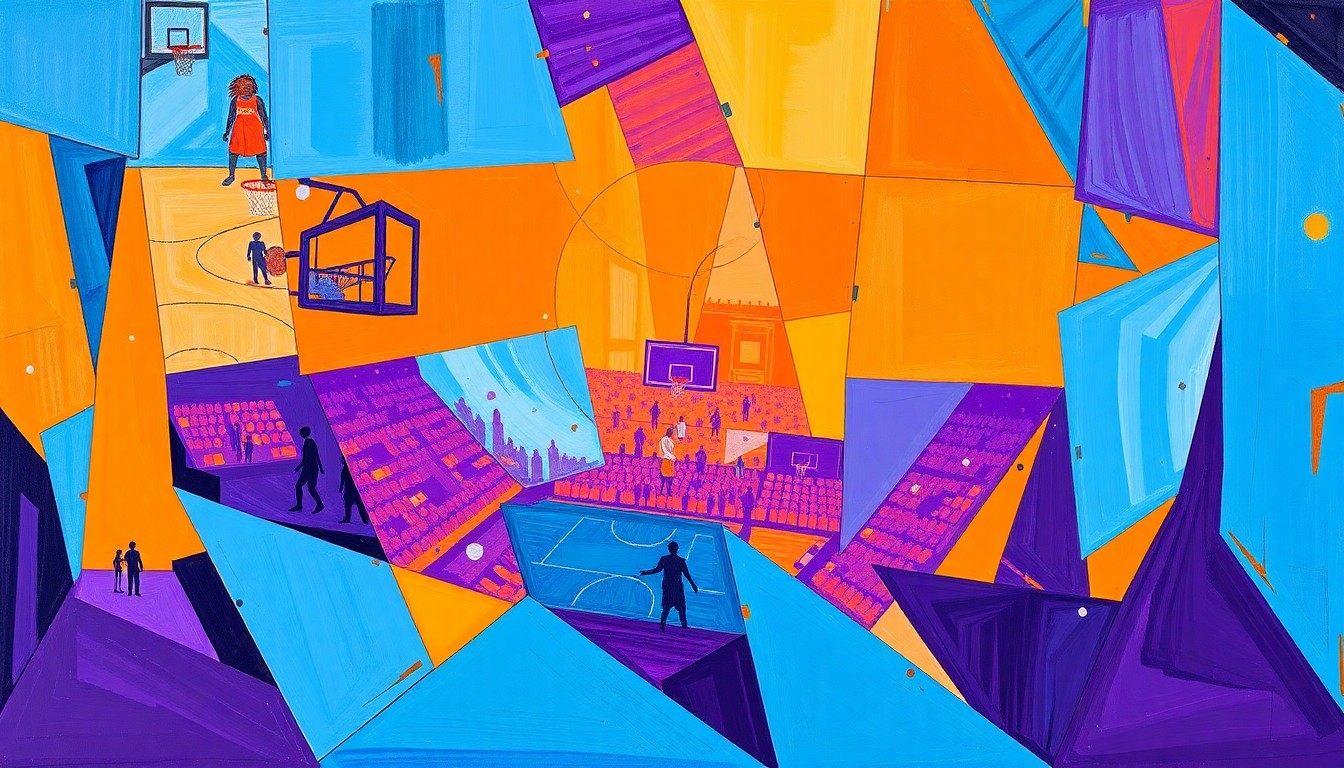 A cubist-inspired painting featuring sharp, overlapping geometric shapes in a vibrant color palette, conceptually representing the complex dynamics of a major WNBA trade.