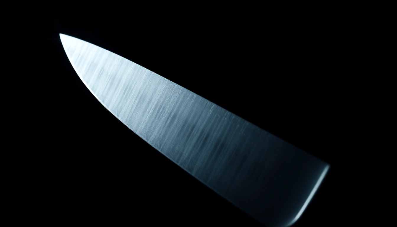 An extreme close-up photograph of a knife blade against a stark black background, the harsh lighting creating dramatic shadows and highlighting the metal's texture, conceptually representing the violent nature of the alleged crimes.