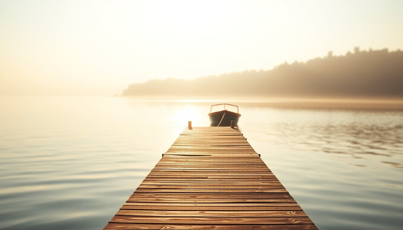 An out-of-focus photograph of a wooden dock extending into a calm lake, with the silhouette of a small boat moored at the end. The scene is bathed in warm, golden light and hazy, blurred reflections, creating a serene and peaceful atmosphere.