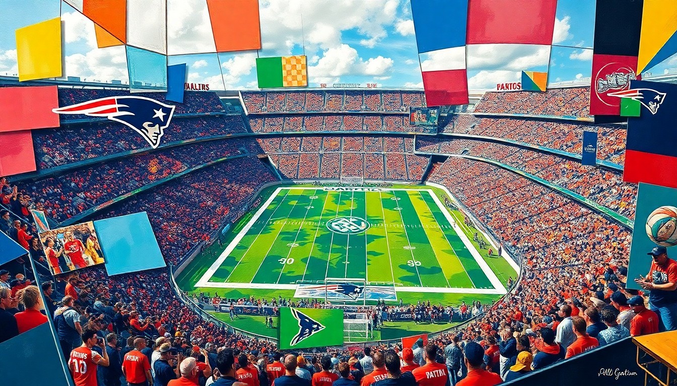 A fractured, cubist-style painting depicting a soccer match at Gillette Stadium, with the field and players broken down into sharp, overlapping geometric shapes in vibrant colors representing the New England Patriots and World Cup branding.