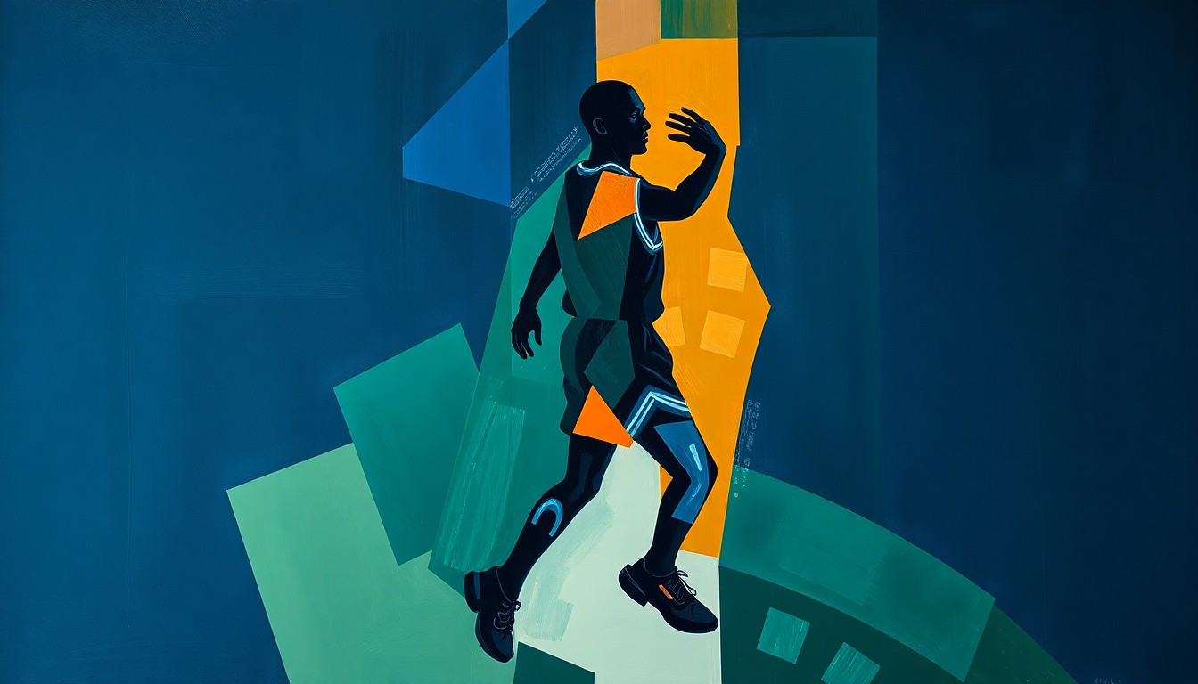 A fragmented, cubist-style illustration depicting the silhouette of a basketball player, broken down into sharp, overlapping geometric shapes in navy, green, and orange, conceptually representing the uncertainty and fluidity of the college basketball recruiting landscape.