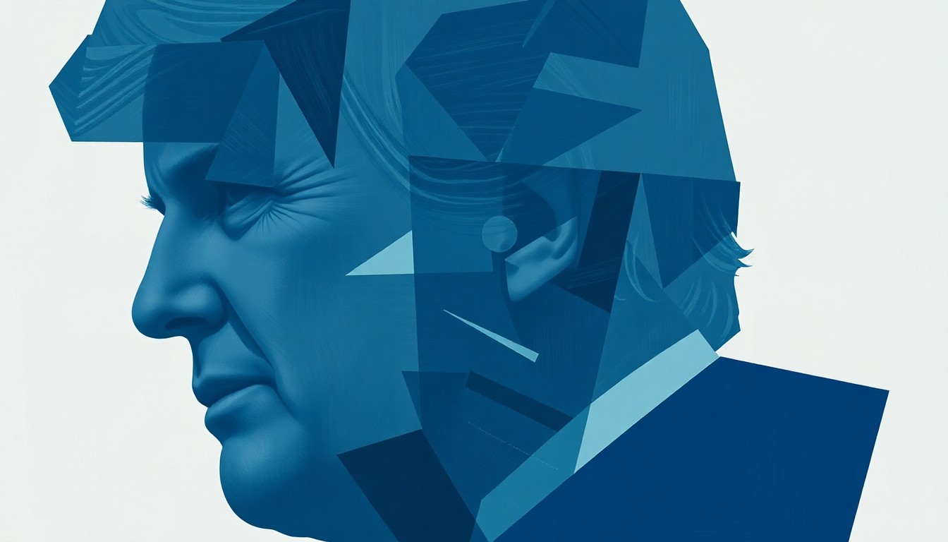A conceptual illustration featuring overlapping, fragmented geometric shapes in shades of blue and grey, suggesting the unease and uncertainty surrounding allegations against a politician.