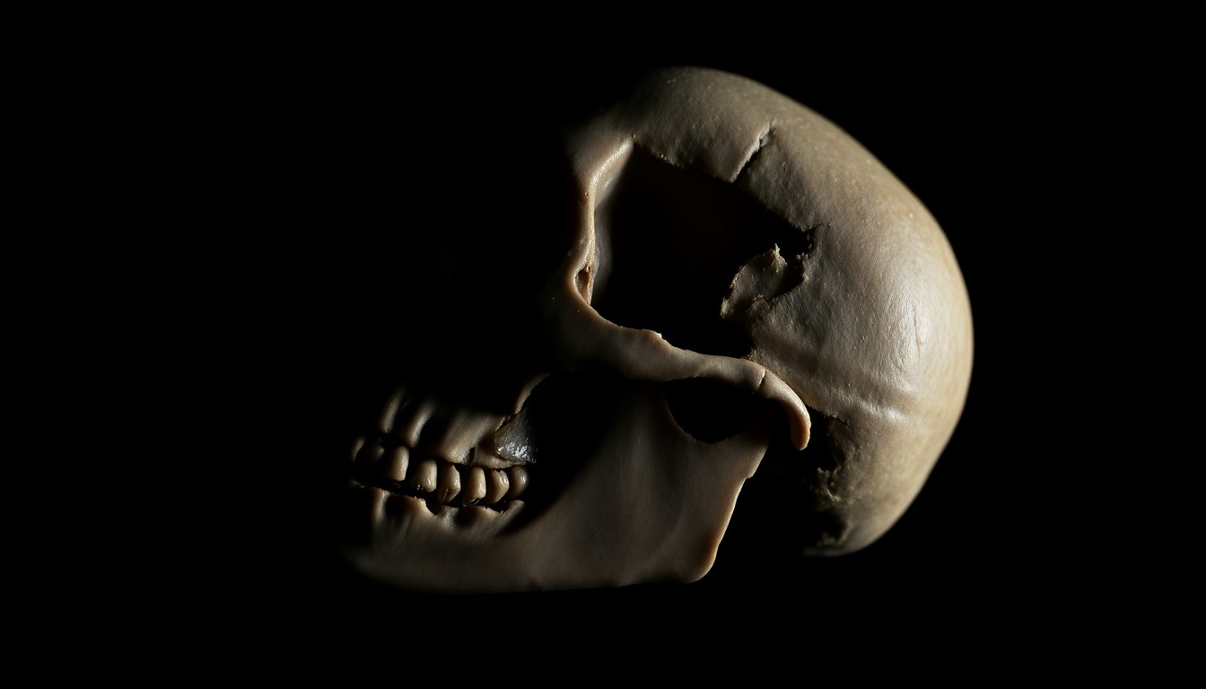 An extreme close-up photograph of a partially exposed human skull fragment, the dramatic lighting and stark contrast creating a gritty, investigative aesthetic.