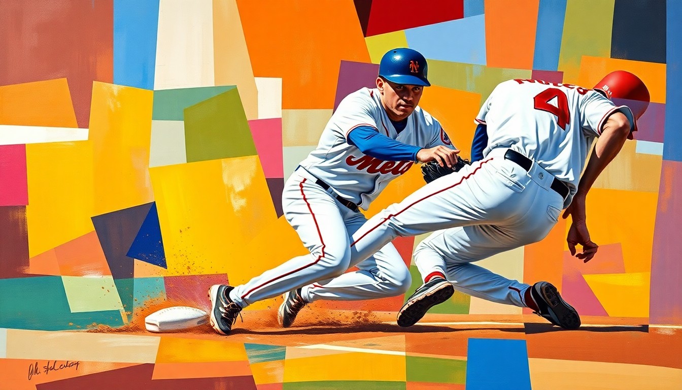 A fragmented, geometric painting depicting a baseball player sliding into a base, with the player's body and the field broken down into sharp, overlapping planes of vibrant colors.
