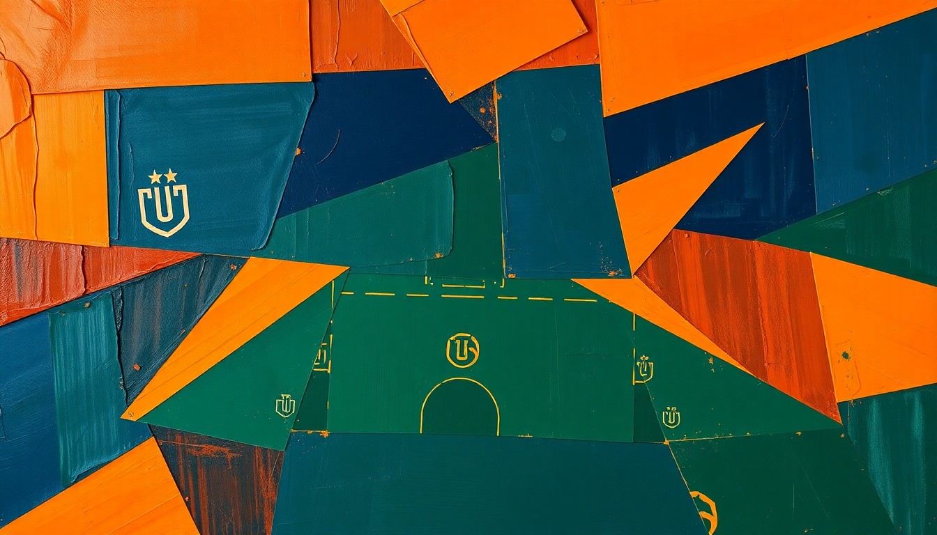 A cubist-style painting featuring overlapping geometric shapes and planes in warm orange, navy, and green tones, conceptually representing the dynamic changes to Iowa State's basketball coaching staff.