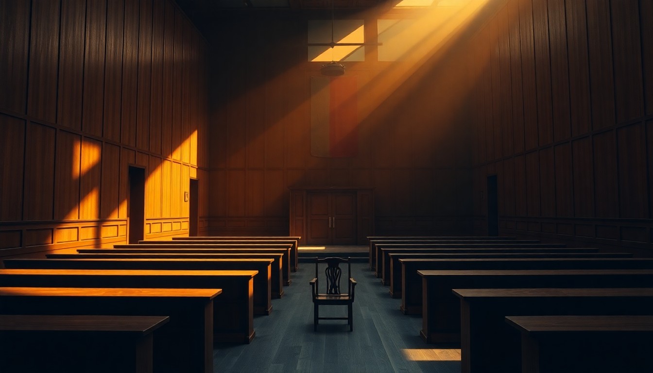 A quiet, cinematic painting of an empty courtroom interior, with warm sunlight streaming through the windows and deep shadows cast across the floor and walls, conveying a sense of tension and unease.