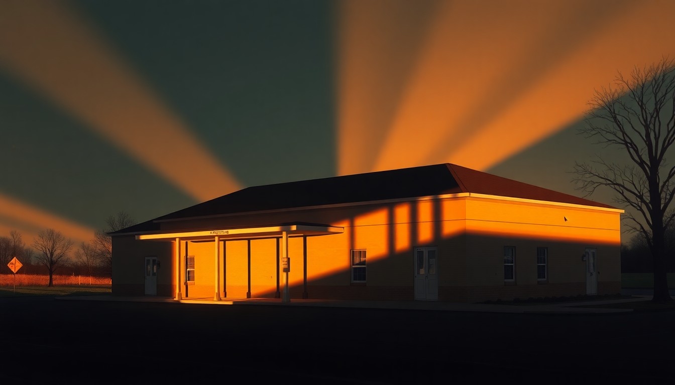 A serene, realistic painting of a rural county government building with a warm, golden glow from the sun filtering through the windows, conceptually representing the thoughtful, community-focused approach to policymaking.
