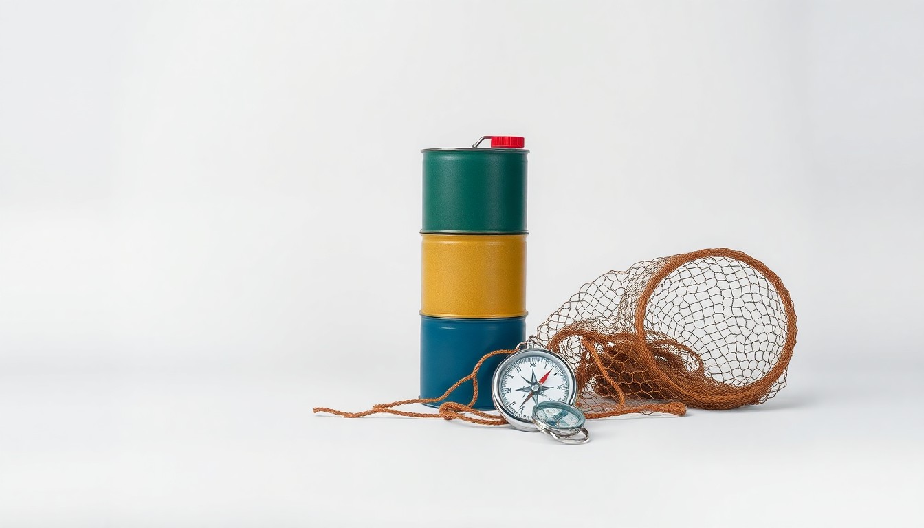 A minimalist, photorealistic studio still life featuring a stack of fuel cans, a fishing net, and a compass, symbolizing the financial pressures facing Seattle's commercial fishing industry due to rising fuel prices.