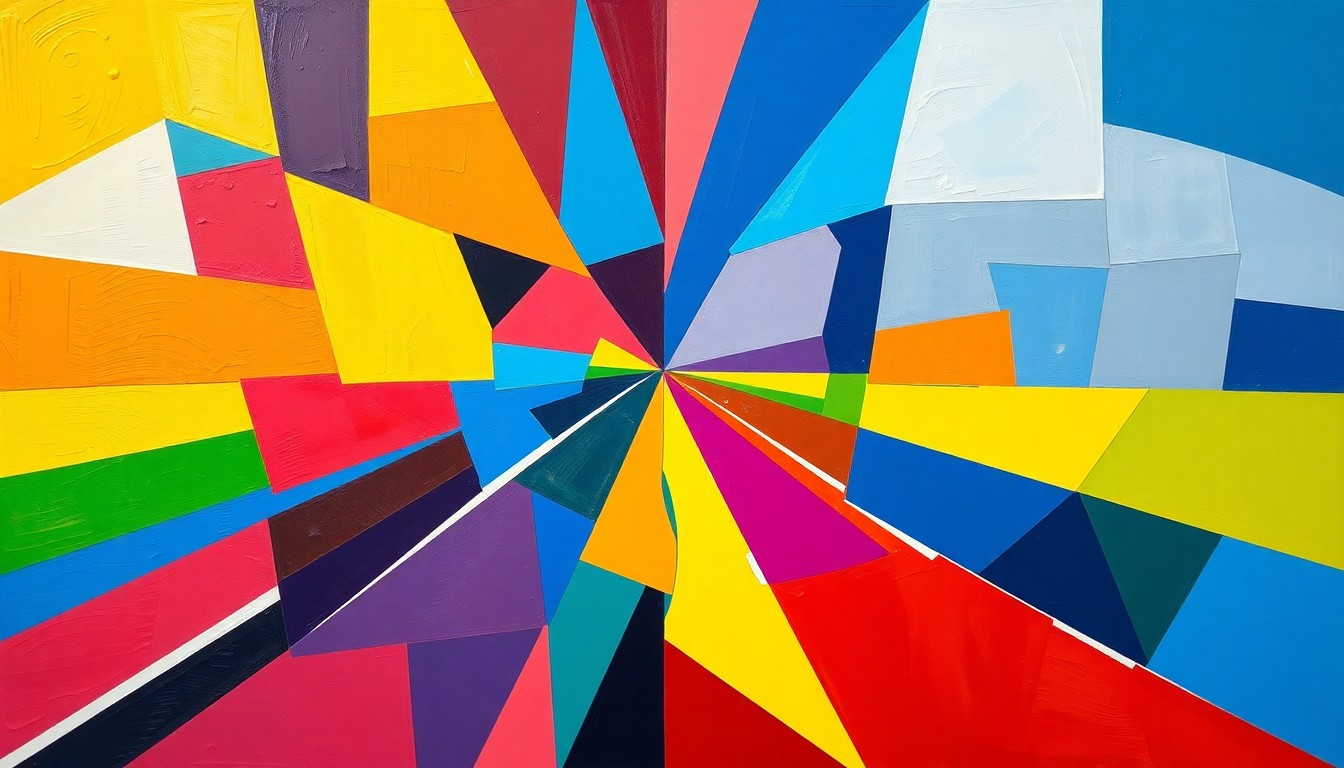 A cubist-style painting depicting the Legacy boys' and girls' track teams' district championship victories through a fractured, geometric composition of sharp planes in the school's official colors.