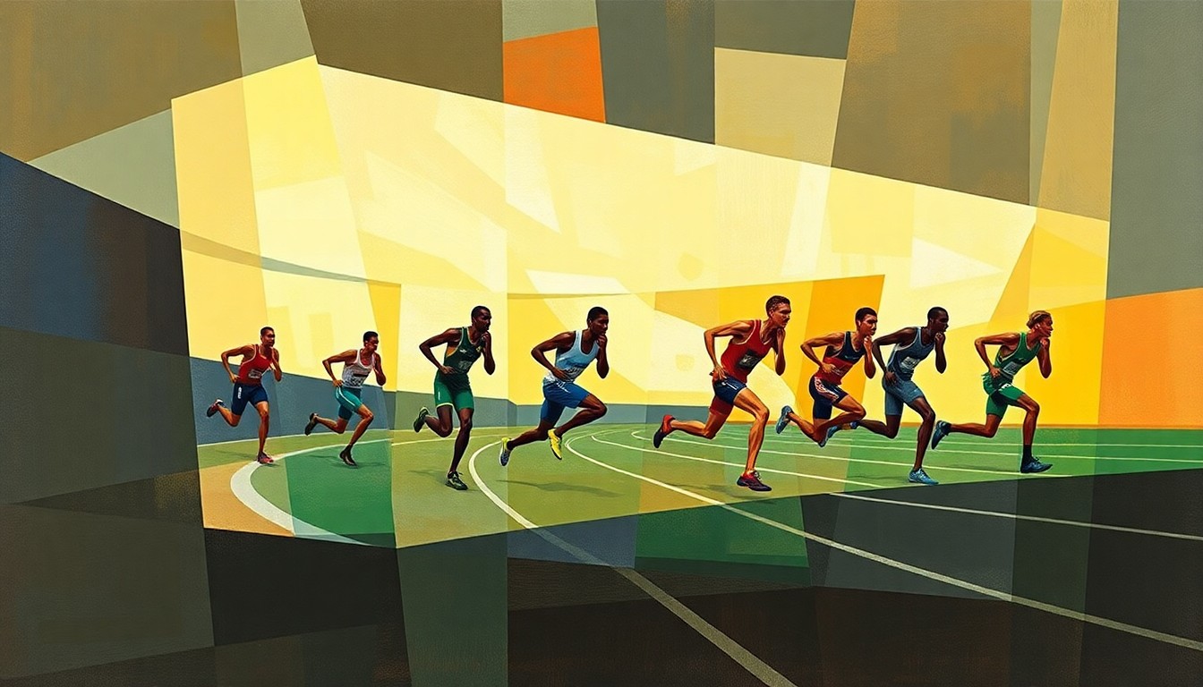A fragmented, geometric painting depicting runners in an 800-meter race, with their forms broken down into sharp, overlapping planes of color and shape to convey the energy and intensity of the event.