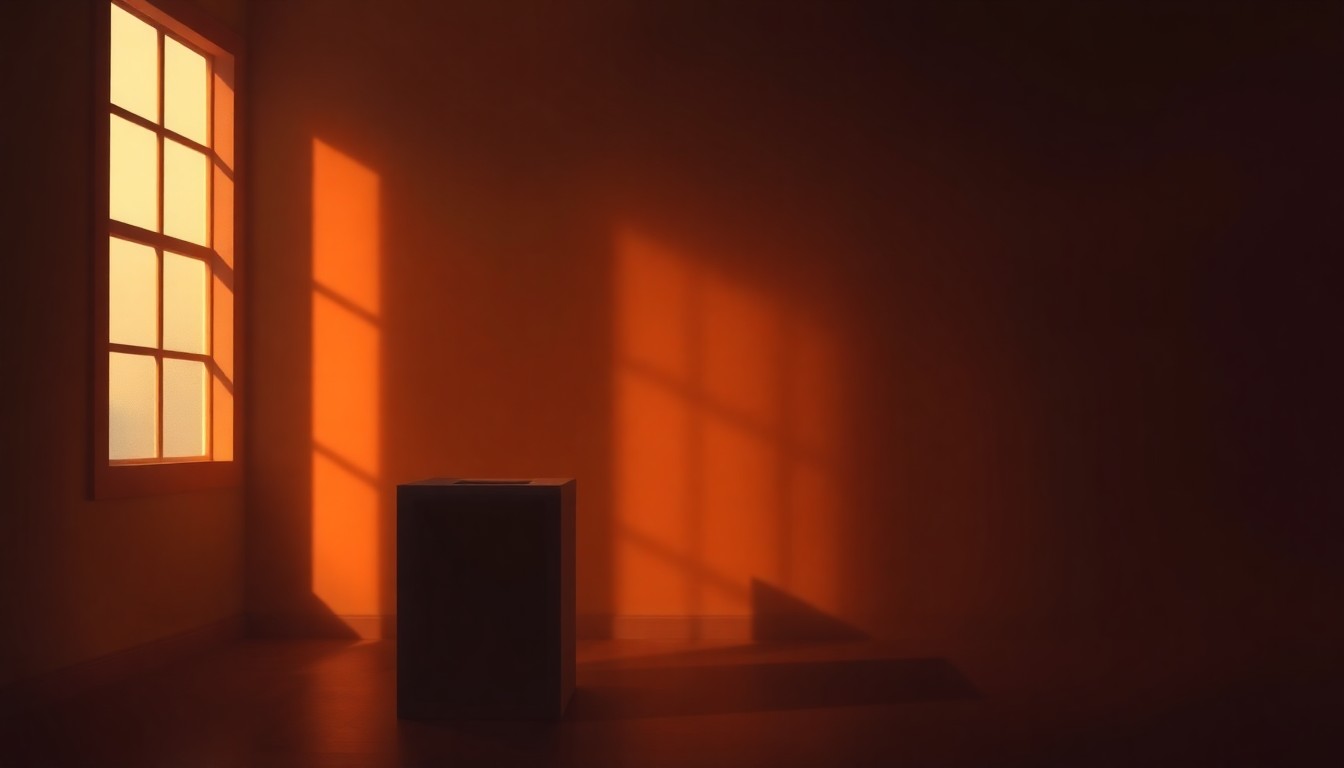 A photorealistic painting of a lone ballot box or voting booth in a dimly lit room, with warm sunlight streaming in through a window and casting deep shadows, conveying the contemplative and civic-minded atmosphere of a local election.