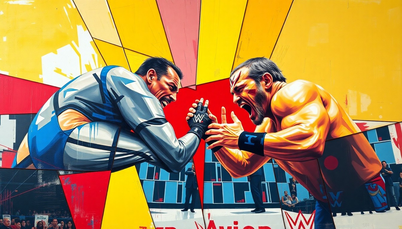 A fragmented, geometric painting depicting the figures of Pat McAfee, Randy Orton, and Cody Rhodes in a wrestling match or confrontation, with sharp planes of vibrant colors capturing the raw energy and tension of their storyline.