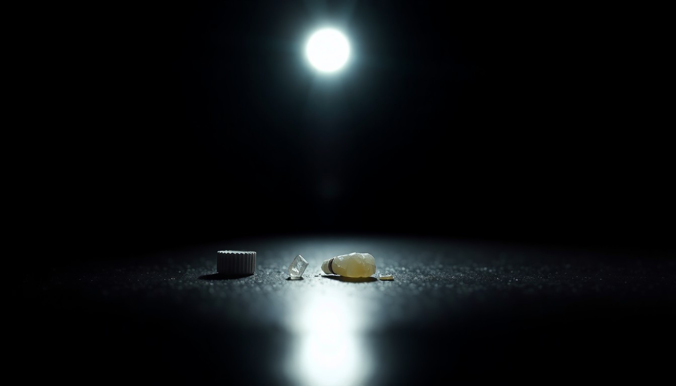 An extreme close-up photograph of a small, unidentifiable object related to the Jayden McComber murder case, sharply lit by a direct camera flash against a pitch-black background, creating a stark, gritty, and investigative aesthetic.