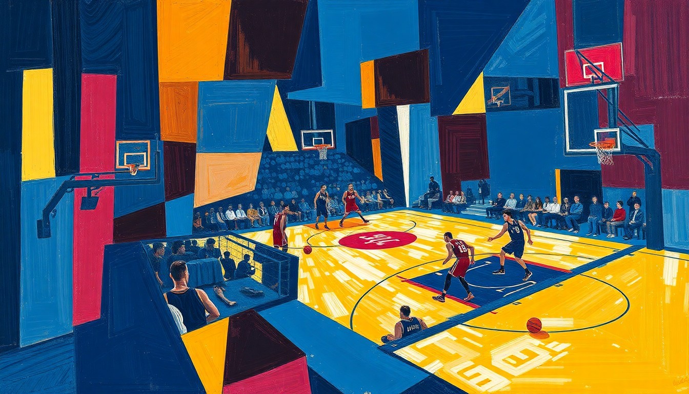 A cubist-style painting depicting a fragmented, geometric basketball court scene, with players and the ball broken down into overlapping planes of navy blue, maroon, and gold, conveying a sense of chaos and transition.