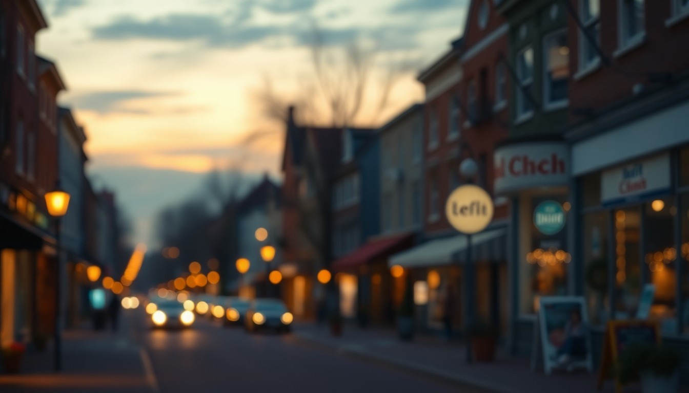 An extremely abstracted, out-of-focus photograph of a small-town main street at dusk, with warm pools of light from streetlamps and shop windows casting a nostalgic, reflective mood.