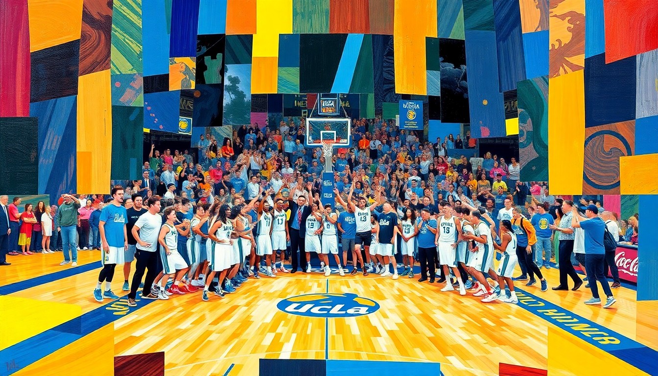 A cubist, geometric painting depicting the celebration of the UCLA Bruins' NCAA women's basketball championship, with fragmented, overlapping shapes and planes in the team's colors.