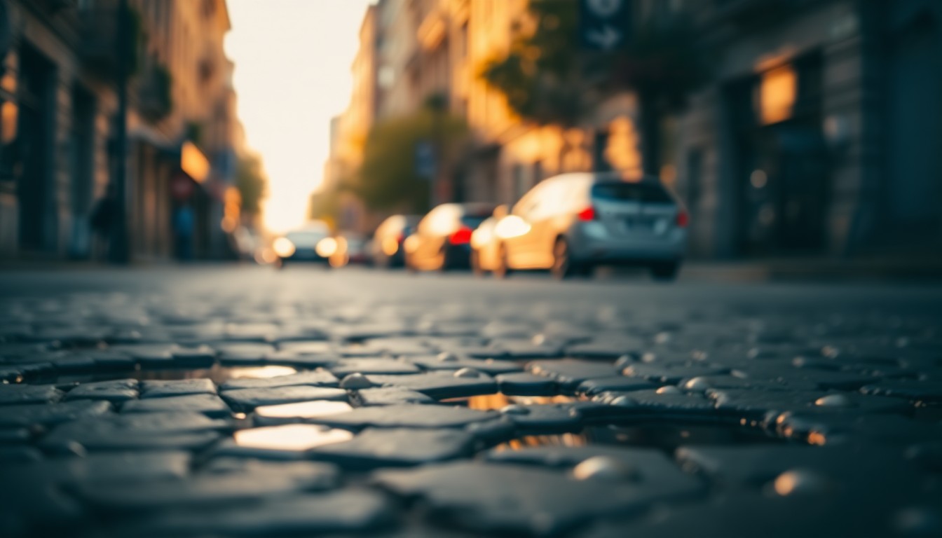 An abstract, impressionistic photograph of a city street filled with potholes, captured in a soft, out-of-focus style with warm, golden light and color.