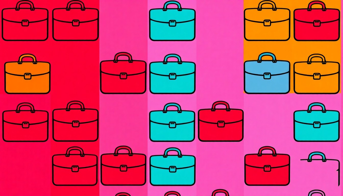 A brightly colored, high-contrast silkscreen print of a briefcase icon repeated in a tight grid pattern, in the style of Andy Warhol, conceptually representing the diverse career opportunities available at the Midland College Career Fair.