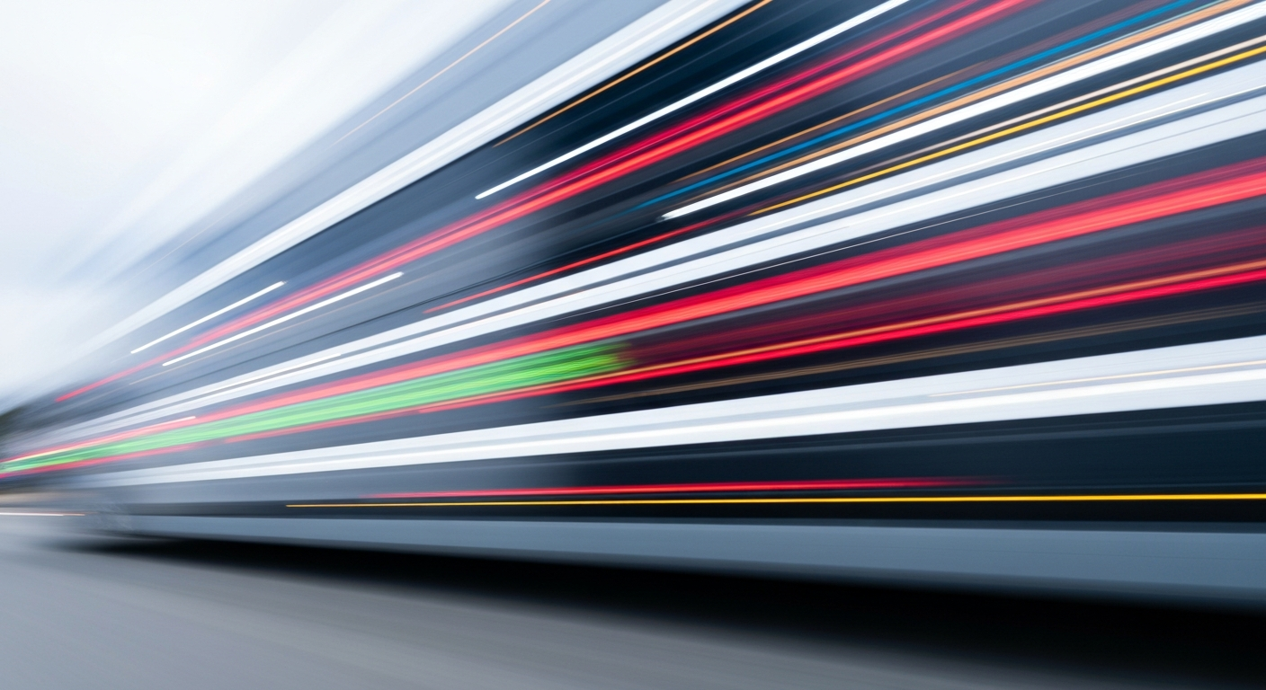 An abstract, colorful image of an electric vehicle in motion, with blurred lines and shapes conveying a sense of speed and energy.