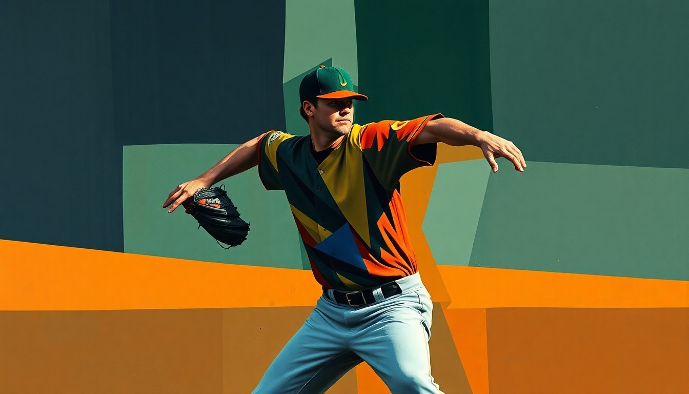 A cubist-style painting depicting a baseball pitcher's motion broken down into overlapping geometric shapes in muted tones of navy, green, and orange, conveying the concept of a new opportunity for a young player.